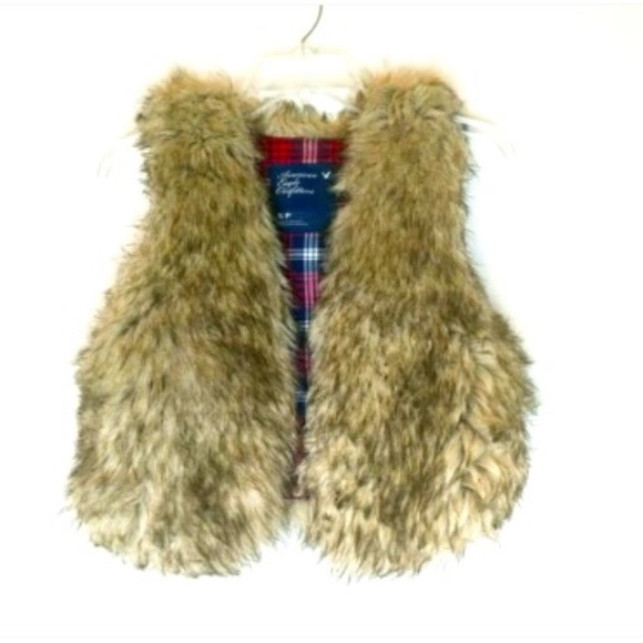 American Eagle Outfitters Faux Fur Vest Small Beige Brown Plaid Lined Open Front - Picture 1 of 4